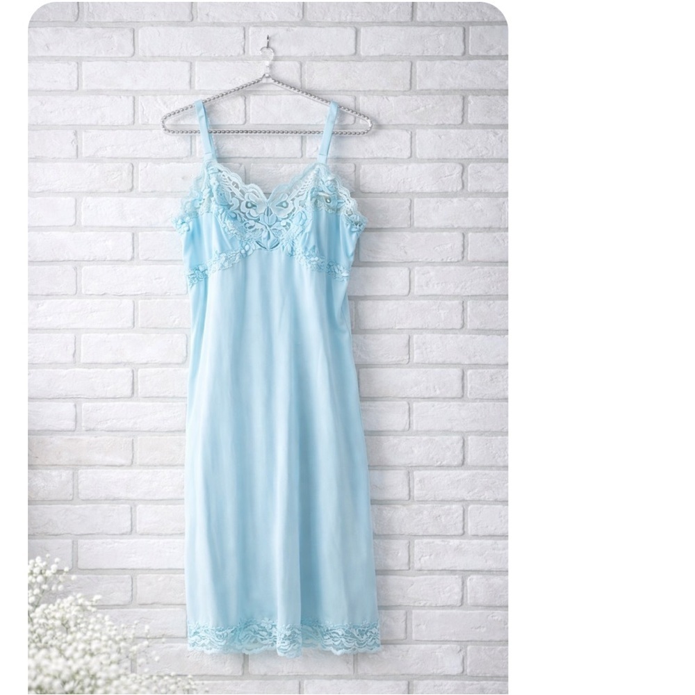 Vtg Heiress 1950s 1960s Turquoise Nylon Lace Trim Slip Dress Size 34